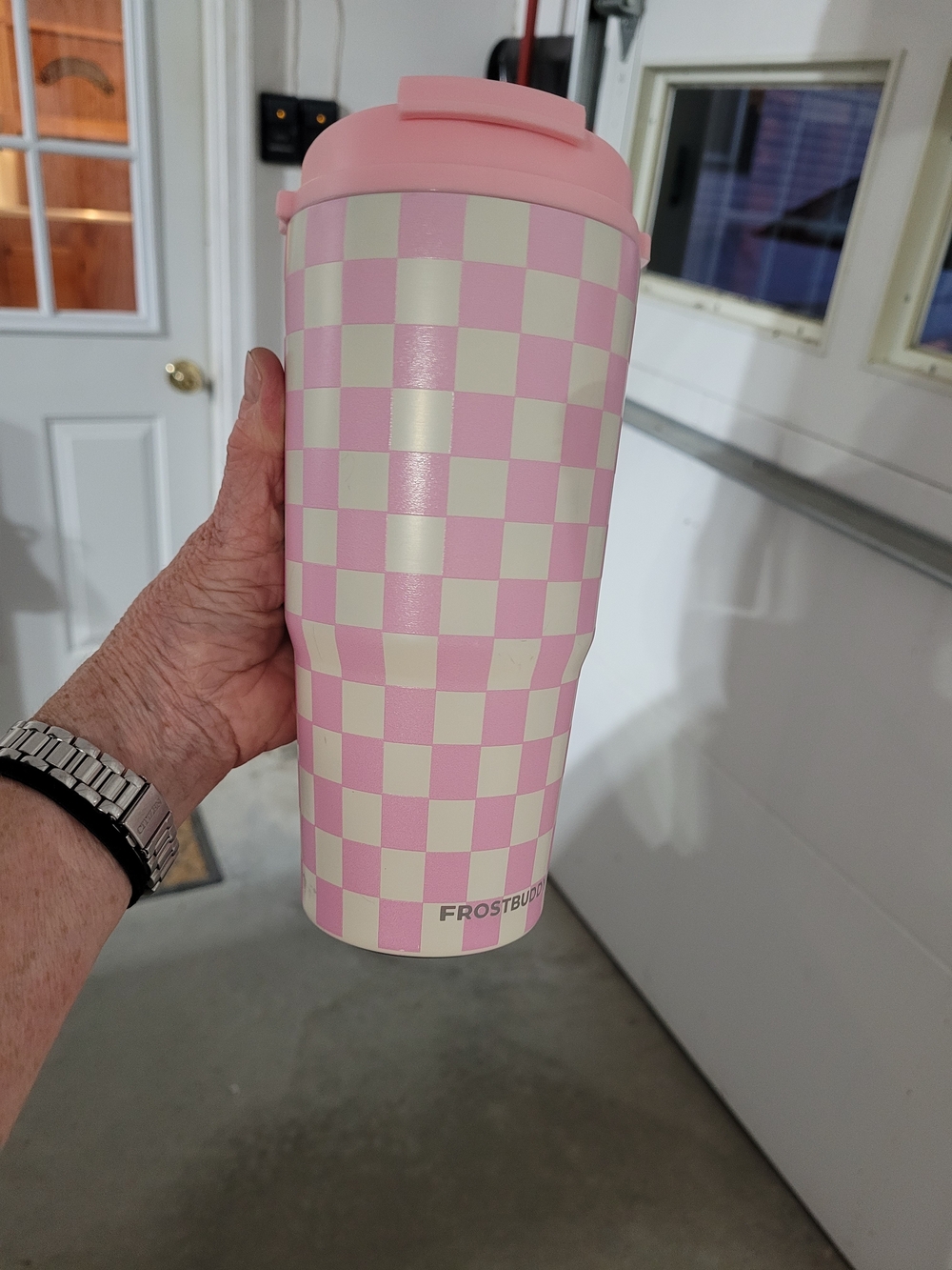 FrostBudz Pink Checkerboard Insulated Travel Tumbler